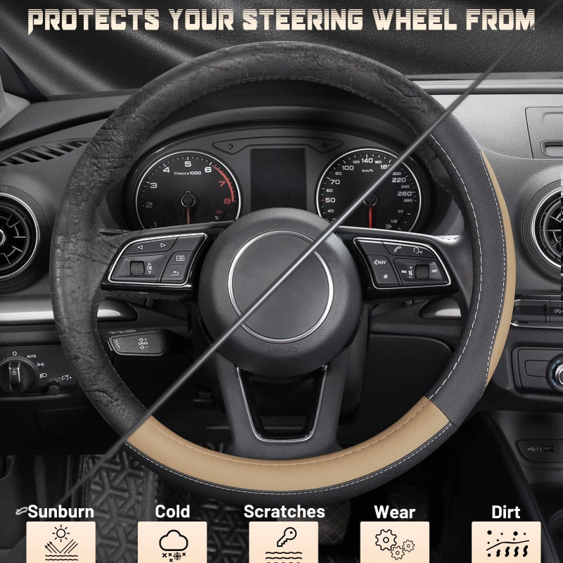 SEG Direct Car Steering Wheel Cover for Prius Civic Model 3 Model Y Camaro, Small Size 14-14.25 inch, Black and Beige Microfiber Leather - Image 4